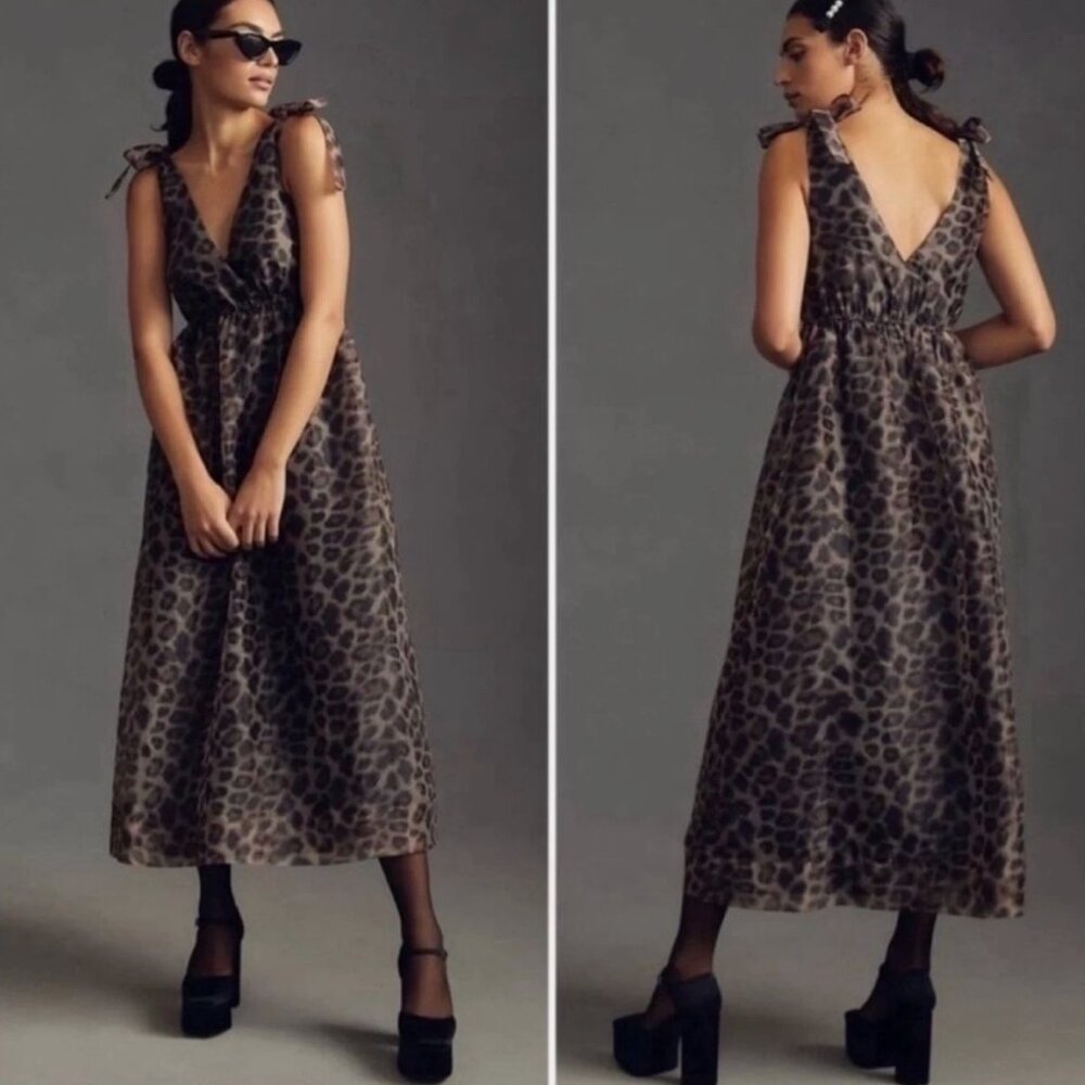 DANIEL RAINN ANTHROPOLOGIE ORGANZA LEOPARD PRINT V-NECK MAXI DRESS SMALL